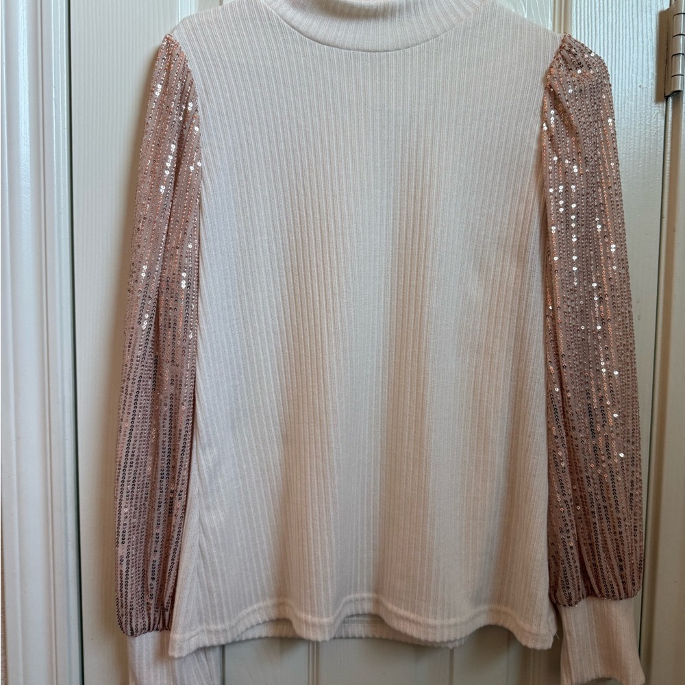 Chic Sequin Sleeve Long Sleeve Top - Cream
